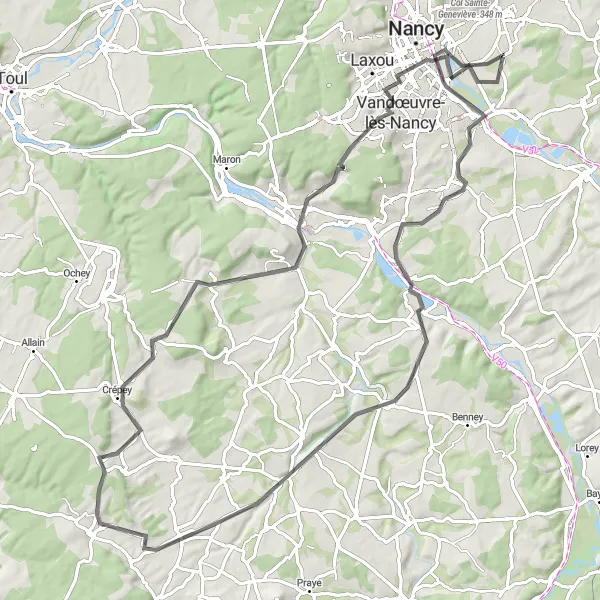 Miniature de la carte de l'inspiration cycliste "Boucle des Vallées" dans la Lorraine, France. Générée par le planificateur d'itinéraire cycliste Tarmacs.app