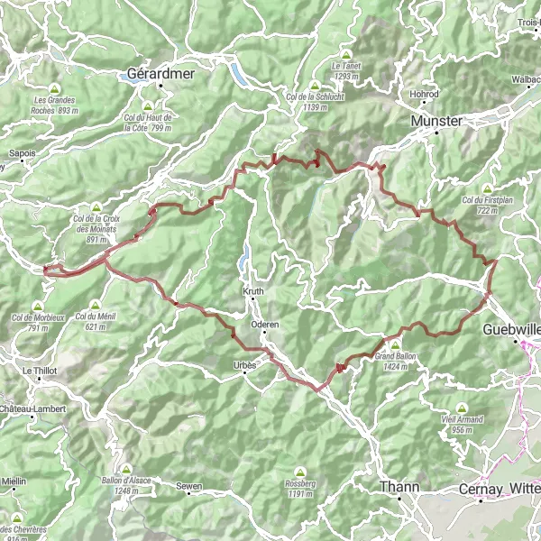 Map miniature of "Gravel Bike Adventure around Saulxures-sur-Moselotte" cycling inspiration in Lorraine, France. Generated by Tarmacs.app cycling route planner