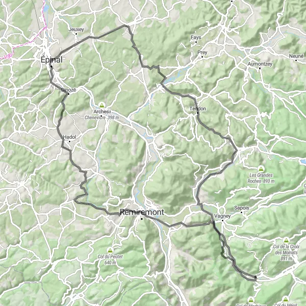 Miniature de la carte de l'inspiration cycliste "Balade sur les routes vallonnées de Lorraine" dans la Lorraine, France. Générée par le planificateur d'itinéraire cycliste Tarmacs.app
