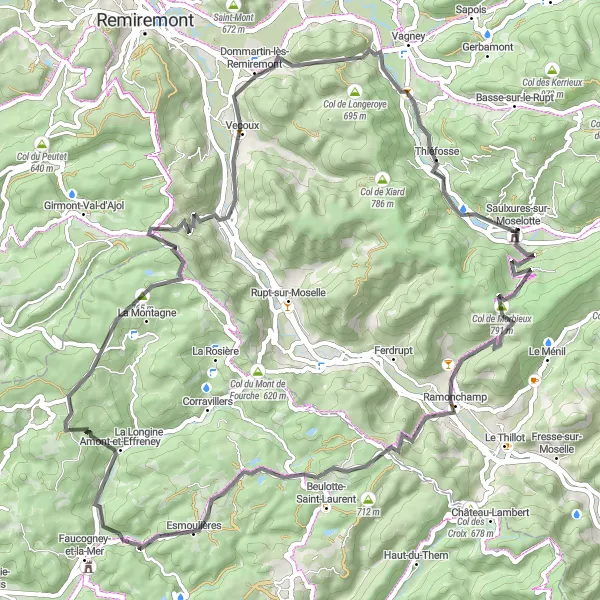Miniature de la carte de l'inspiration cycliste "Randonnée cycliste sur les routes des Vosges" dans la Lorraine, France. Générée par le planificateur d'itinéraire cycliste Tarmacs.app