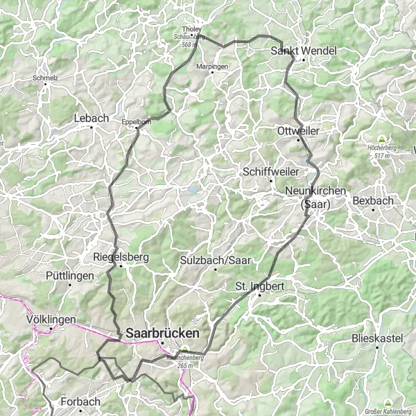 Miniature de la carte de l'inspiration cycliste "Parcours panoramique à travers les collines de la Lorraine" dans la Lorraine, France. Générée par le planificateur d'itinéraire cycliste Tarmacs.app