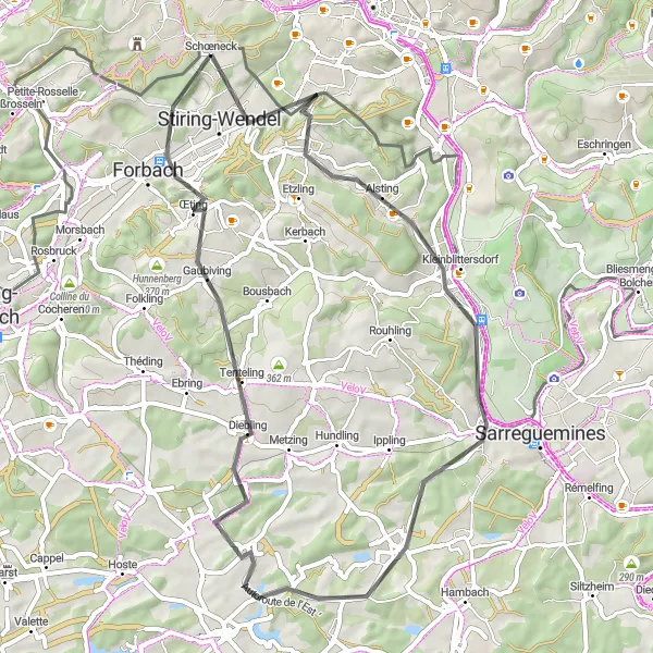 Map miniature of "Stiring Adventour" cycling inspiration in Lorraine, France. Generated by Tarmacs.app cycling route planner