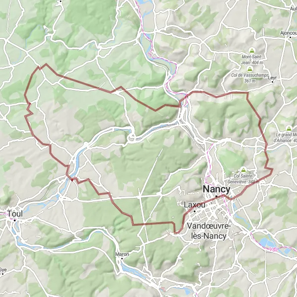 Map miniature of "The Nancy to Novéant Adventure" cycling inspiration in Lorraine, France. Generated by Tarmacs.app cycling route planner