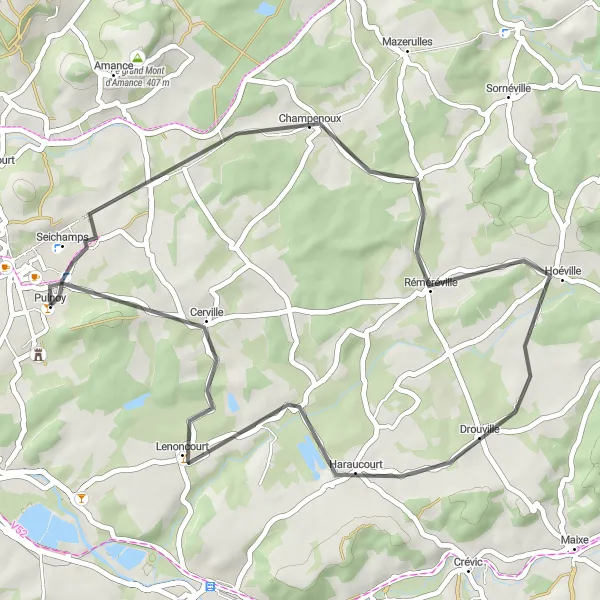 Map miniature of "Road Cycling Route from Seichamps to Pulnoy" cycling inspiration in Lorraine, France. Generated by Tarmacs.app cycling route planner