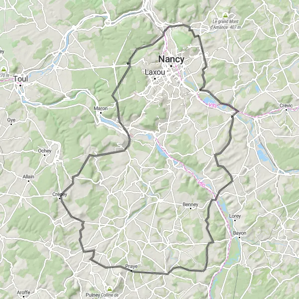 Map miniature of "Art-sur-Meurthe to Champigneulles Road Route" cycling inspiration in Lorraine, France. Generated by Tarmacs.app cycling route planner