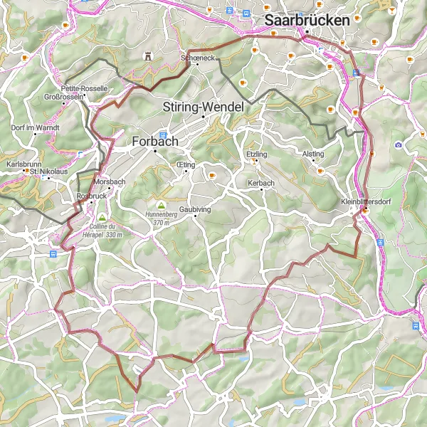 Miniature de la carte de l'inspiration cycliste "La Vallée de la Sarre en Gravel" dans la Lorraine, France. Générée par le planificateur d'itinéraire cycliste Tarmacs.app