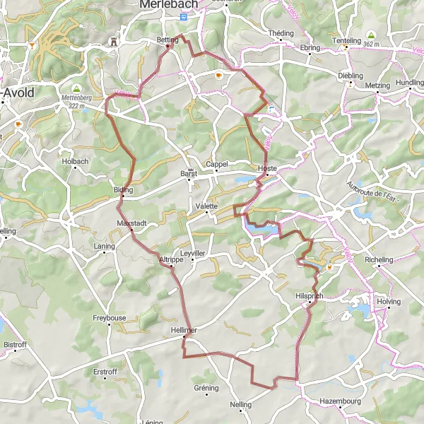 Miniature de la carte de l'inspiration cycliste "Les Chemins Cachés de la Moselle" dans la Lorraine, France. Générée par le planificateur d'itinéraire cycliste Tarmacs.app