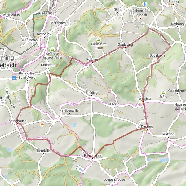 Miniature de la carte de l'inspiration cycliste "Circuit autour de Seingbouse" dans la Lorraine, France. Générée par le planificateur d'itinéraire cycliste Tarmacs.app