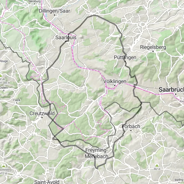 Miniature de la carte de l'inspiration cycliste "Tour de la Forêt des Étangs" dans la Lorraine, France. Générée par le planificateur d'itinéraire cycliste Tarmacs.app