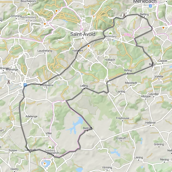 Miniature de la carte de l'inspiration cycliste "Boucle Château de Barst" dans la Lorraine, France. Générée par le planificateur d'itinéraire cycliste Tarmacs.app