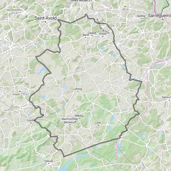 Miniature de la carte de l'inspiration cycliste "Route de Lorraine Étendue" dans la Lorraine, France. Générée par le planificateur d'itinéraire cycliste Tarmacs.app