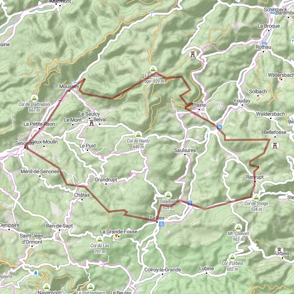 Miniature de la carte de l'inspiration cycliste "Boucle de Senones" dans la Lorraine, France. Générée par le planificateur d'itinéraire cycliste Tarmacs.app