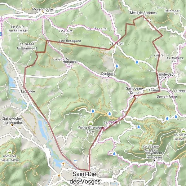 Miniature de la carte de l'inspiration cycliste "Escapade nature entre Saint-Dié-des-Vosges et Hurbache" dans la Lorraine, France. Générée par le planificateur d'itinéraire cycliste Tarmacs.app