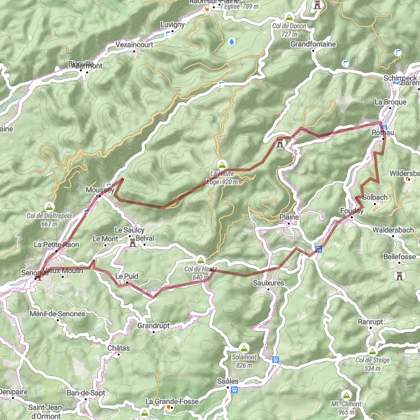 Map miniature of "Senones - La Petite-Raon Gravel Route" cycling inspiration in Lorraine, France. Generated by Tarmacs.app cycling route planner