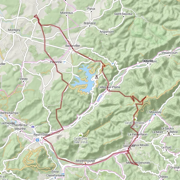 Map miniature of "Senones - Moyenmoutier Gravel Route" cycling inspiration in Lorraine, France. Generated by Tarmacs.app cycling route planner