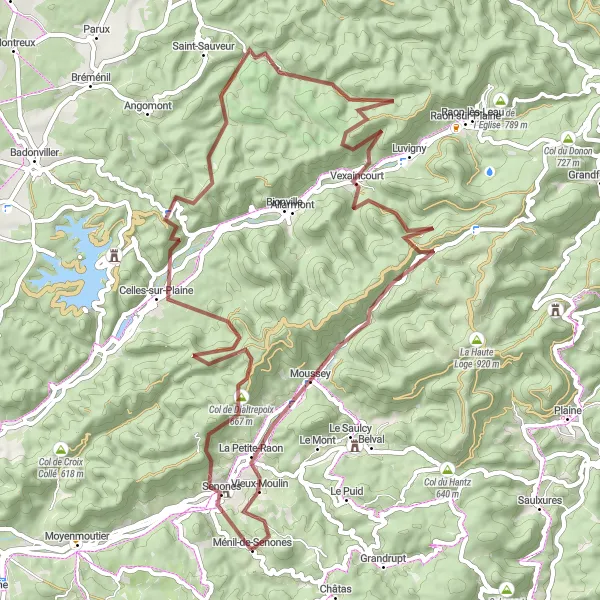 Miniature de la carte de l'inspiration cycliste "L'aventure gravel autour de Senones" dans la Lorraine, France. Générée par le planificateur d'itinéraire cycliste Tarmacs.app