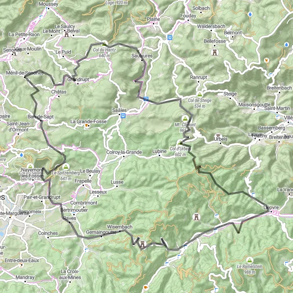 Map miniature of "Senones - Châtas Road Route" cycling inspiration in Lorraine, France. Generated by Tarmacs.app cycling route planner