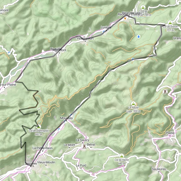 Miniature de la carte de l'inspiration cycliste "La boucle des sommets lorrains" dans la Lorraine, France. Générée par le planificateur d'itinéraire cycliste Tarmacs.app