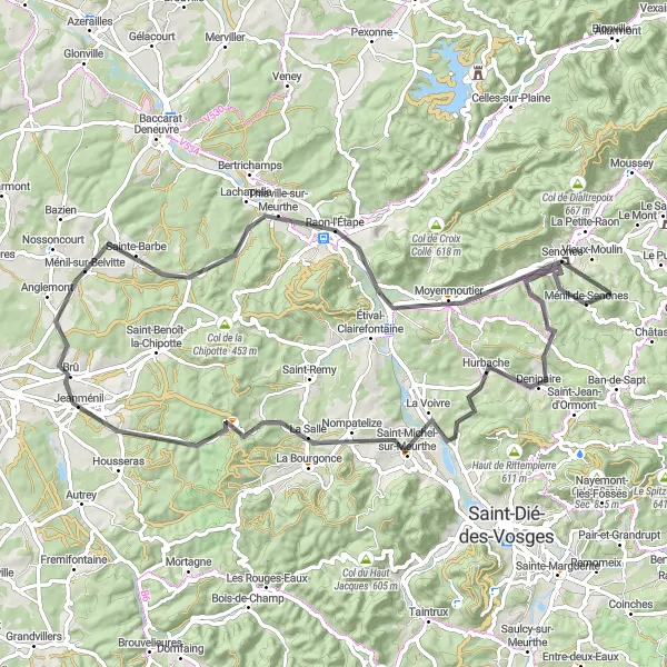 Map miniature of "Mountainous Classic Road Ride" cycling inspiration in Lorraine, France. Generated by Tarmacs.app cycling route planner