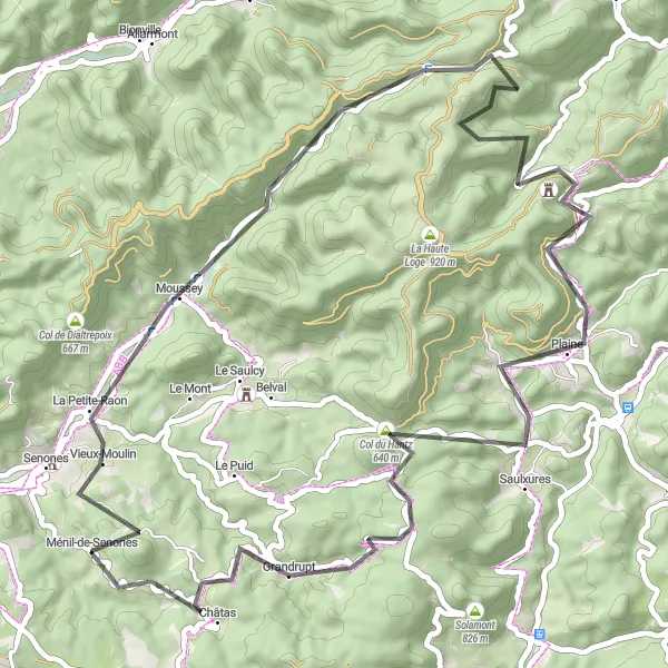 Miniature de la carte de l'inspiration cycliste "Les Montagnes de Senones" dans la Lorraine, France. Générée par le planificateur d'itinéraire cycliste Tarmacs.app