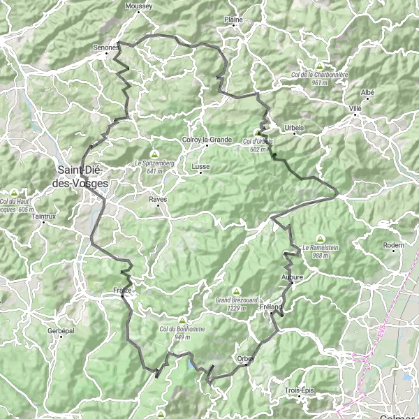 Map miniature of "Senones - Beautiful Roads and Challenging Climbs" cycling inspiration in Lorraine, France. Generated by Tarmacs.app cycling route planner