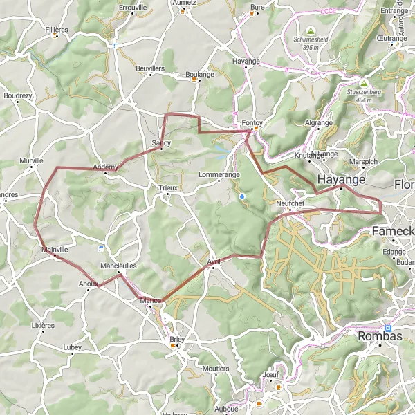 Miniature de la carte de l'inspiration cycliste "Boucle gravel vers Mont-Bonvillers" dans la Lorraine, France. Générée par le planificateur d'itinéraire cycliste Tarmacs.app