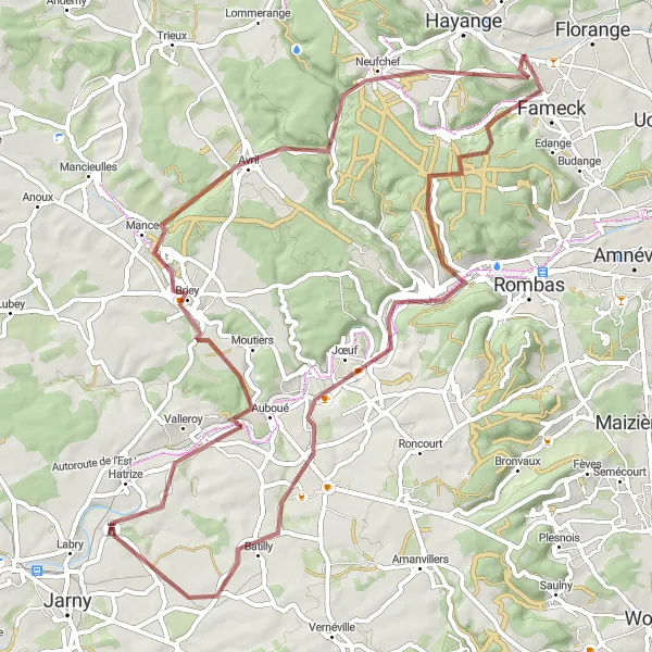 Map miniature of "The Journey to Neufchef" cycling inspiration in Lorraine, France. Generated by Tarmacs.app cycling route planner