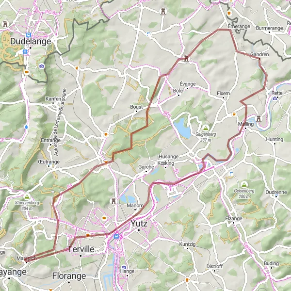 Miniature de la carte de l'inspiration cycliste "Itinéraire gravel Schwerenberg-Breistroff-la-Grande-Thionville" dans la Lorraine, France. Générée par le planificateur d'itinéraire cycliste Tarmacs.app