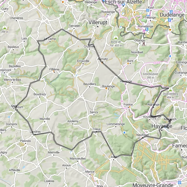 Map miniature of "The Road Warrior" cycling inspiration in Lorraine, France. Generated by Tarmacs.app cycling route planner