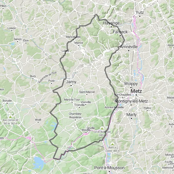 Map miniature of "Picturesque Road Ride to Bouillonville" cycling inspiration in Lorraine, France. Generated by Tarmacs.app cycling route planner