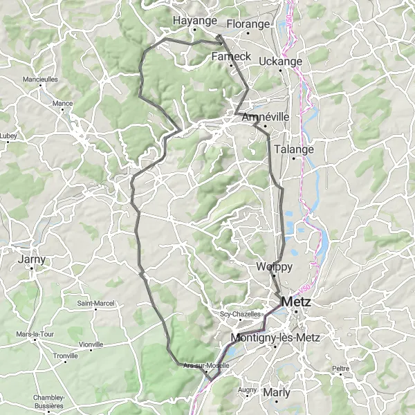 Miniature de la carte de l'inspiration cycliste "Parcours cycliste Maizières-lès-Metz-Jœuf-Neufchef" dans la Lorraine, France. Générée par le planificateur d'itinéraire cycliste Tarmacs.app