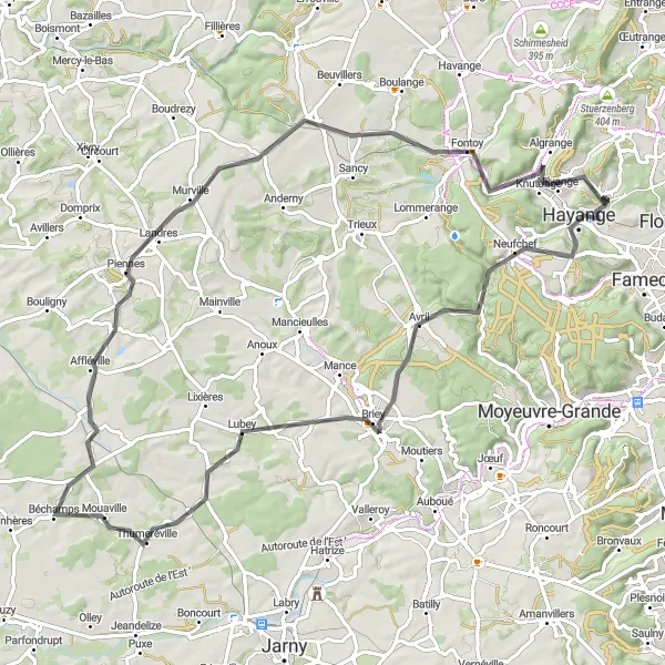 Miniature de la carte de l'inspiration cycliste "Circuit des Terrils de Fer et Charbon" dans la Lorraine, France. Générée par le planificateur d'itinéraire cycliste Tarmacs.app