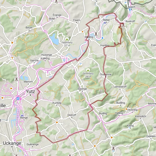 Miniature de la carte de l'inspiration cycliste "Exploration de la vallée d'Oudrenne à Sierck-les-Bains" dans la Lorraine, France. Générée par le planificateur d'itinéraire cycliste Tarmacs.app