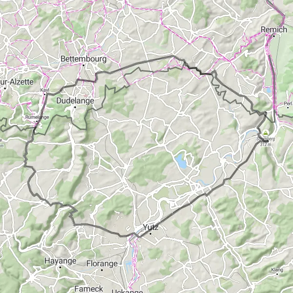 Miniature de la carte de l'inspiration cycliste "Parcours panoramique à proximité de Sierck-les-Bains" dans la Lorraine, France. Générée par le planificateur d'itinéraire cycliste Tarmacs.app