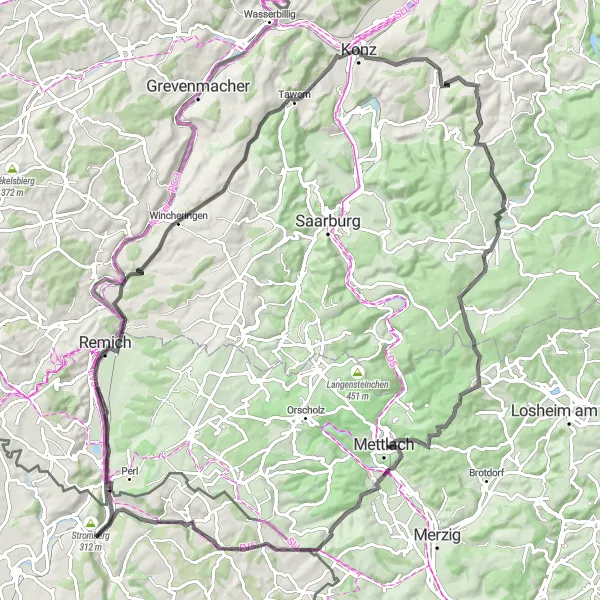 Map miniature of "The Moselle Meander - Road Cycling Route" cycling inspiration in Lorraine, France. Generated by Tarmacs.app cycling route planner