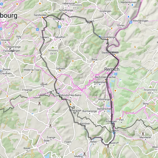 Map miniature of "Traversing Borders: Sierck-les-Bains to Schengen - Road Cycling Route" cycling inspiration in Lorraine, France. Generated by Tarmacs.app cycling route planner