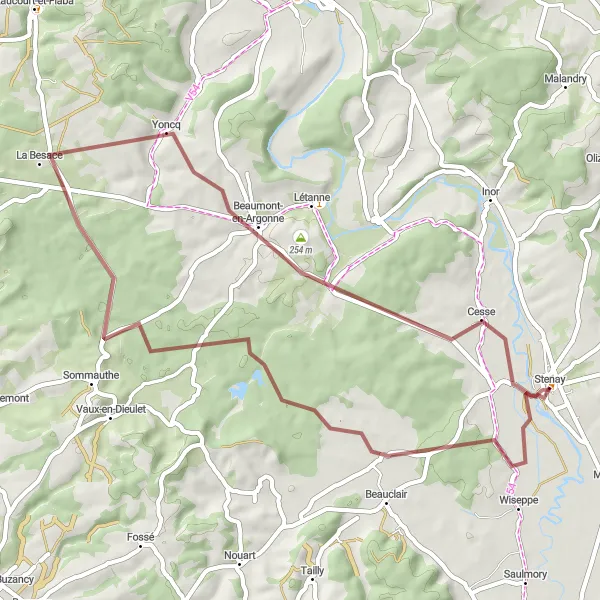 Miniature de la carte de l'inspiration cycliste "Les Sentiers de l'Argonne" dans la Lorraine, France. Générée par le planificateur d'itinéraire cycliste Tarmacs.app