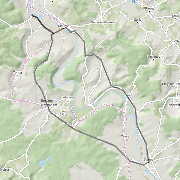 Map miniature of "Beaumont-Argonne Loop" cycling inspiration in Lorraine, France. Generated by Tarmacs.app cycling route planner