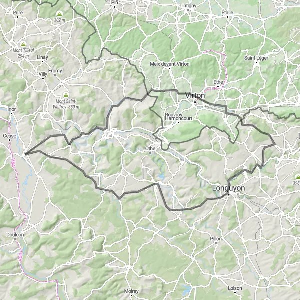 Miniature de la carte de l'inspiration cycliste "Les Châteaux de la Meuse" dans la Lorraine, France. Générée par le planificateur d'itinéraire cycliste Tarmacs.app