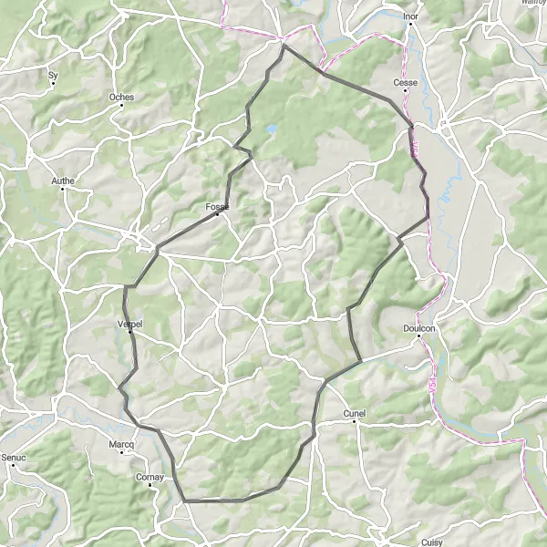 Map miniature of "Argonne Adventure" cycling inspiration in Lorraine, France. Generated by Tarmacs.app cycling route planner