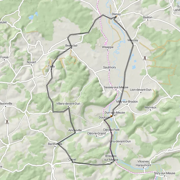 Map miniature of "Meuse River Loop" cycling inspiration in Lorraine, France. Generated by Tarmacs.app cycling route planner