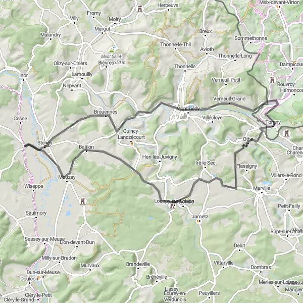 Miniature de la carte de l'inspiration cycliste "Le Tour de la Meuse" dans la Lorraine, France. Générée par le planificateur d'itinéraire cycliste Tarmacs.app