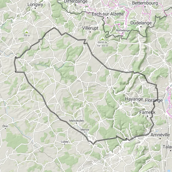 Miniature de la carte de l'inspiration cycliste "Tour de Clouange - Angevillers" dans la Lorraine, France. Générée par le planificateur d'itinéraire cycliste Tarmacs.app