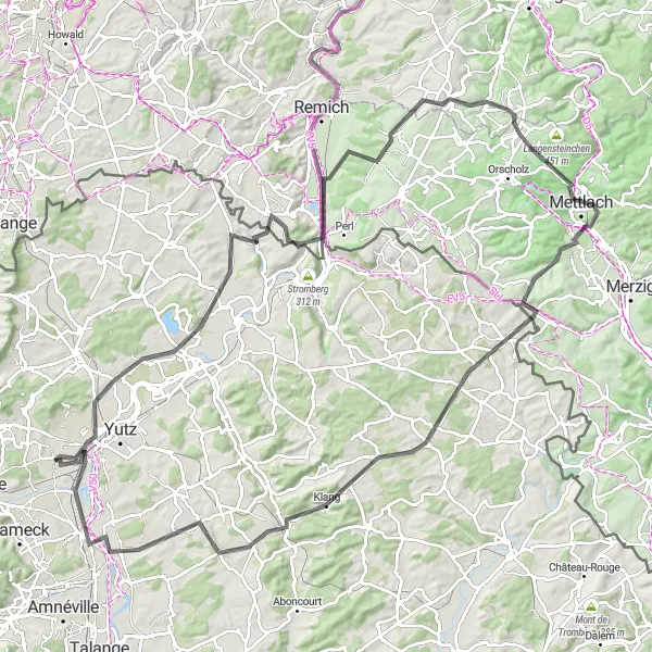 Miniature de la carte de l'inspiration cycliste "Parcours panoramique de Thionville" dans la Lorraine, France. Générée par le planificateur d'itinéraire cycliste Tarmacs.app