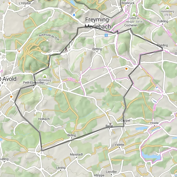 Miniature de la carte de l'inspiration cycliste "Parcours routier à travers les villages de Théding" dans la Lorraine, France. Générée par le planificateur d'itinéraire cycliste Tarmacs.app