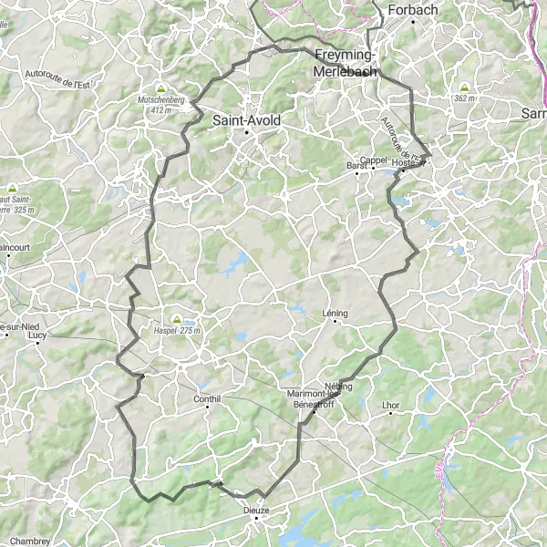 Miniature de la carte de l'inspiration cycliste "Les collines de Théding" dans la Lorraine, France. Générée par le planificateur d'itinéraire cycliste Tarmacs.app