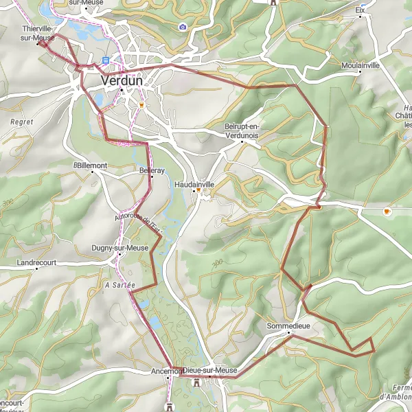 Map miniature of "Verdun Gravel Adventure" cycling inspiration in Lorraine, France. Generated by Tarmacs.app cycling route planner