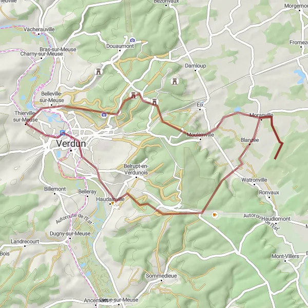 Miniature de la carte de l'inspiration cycliste "Parcours à vélo gravel de Thierville-sur-Meuse à Verdun" dans la Lorraine, France. Générée par le planificateur d'itinéraire cycliste Tarmacs.app