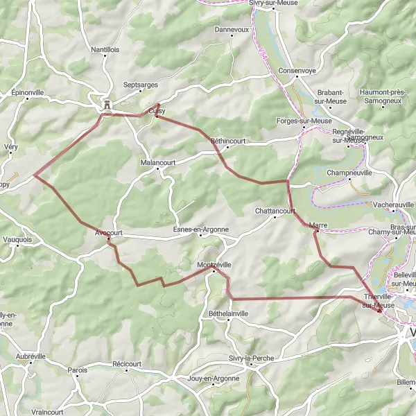 Miniature de la carte de l'inspiration cycliste "La Boucle de Montzéville" dans la Lorraine, France. Générée par le planificateur d'itinéraire cycliste Tarmacs.app