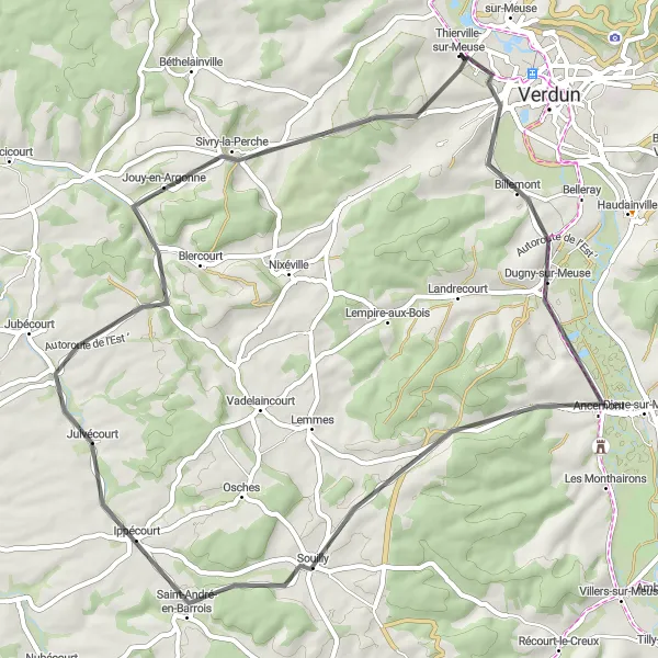Miniature de la carte de l'inspiration cycliste "Parcours à vélo sur route de Thierville-sur-Meuse à Sivry-la-Perche" dans la Lorraine, France. Générée par le planificateur d'itinéraire cycliste Tarmacs.app